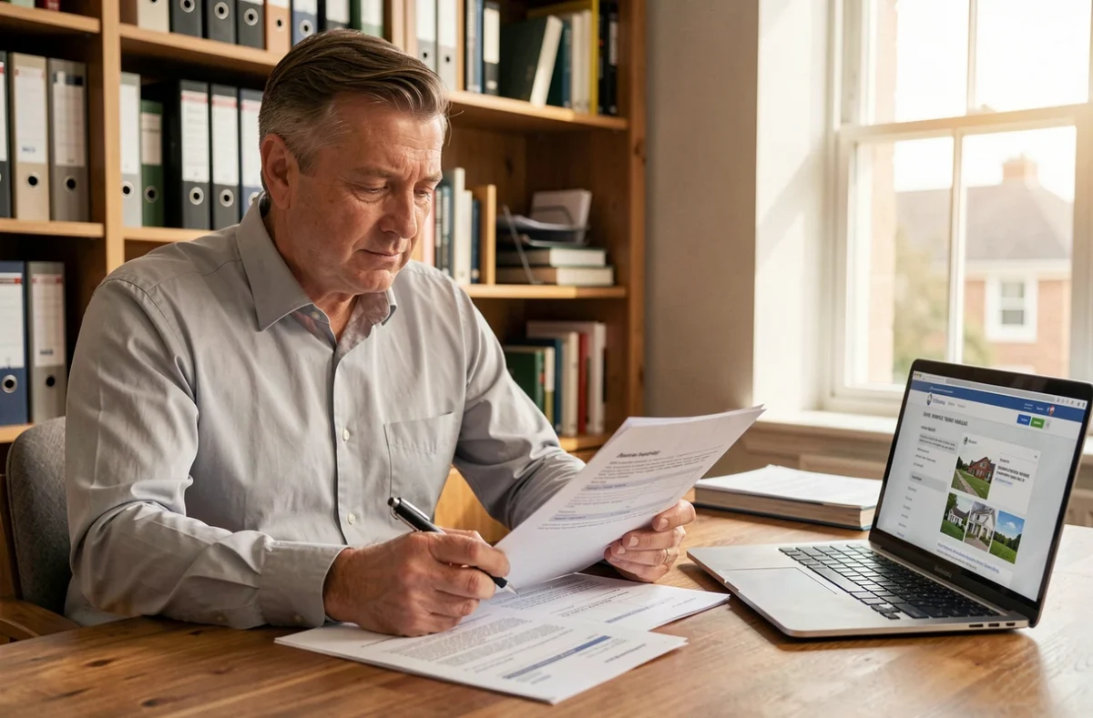 Propriétaire non occupant examinant des documents d'assurance PNO à son bureau à domicile