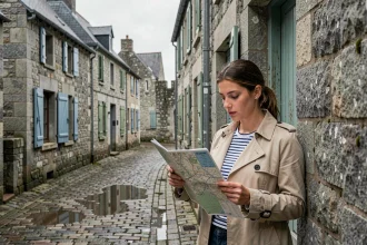 Jeune femme consultant un plan de Saint-Malo dans une ruelle pavée de l'intra-muros avec des façades en granit breton