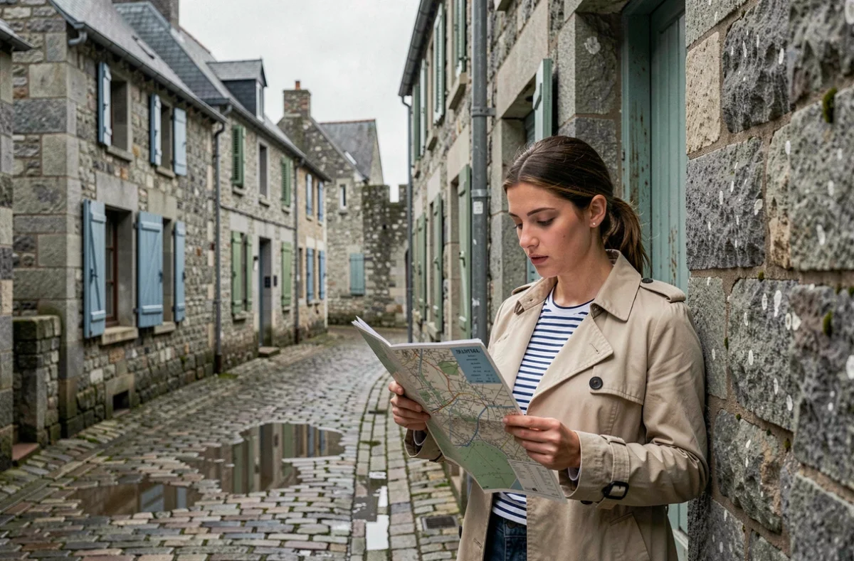 Jeune femme consultant un plan de Saint-Malo dans une ruelle pavée de l'intra-muros avec des façades en granit breton