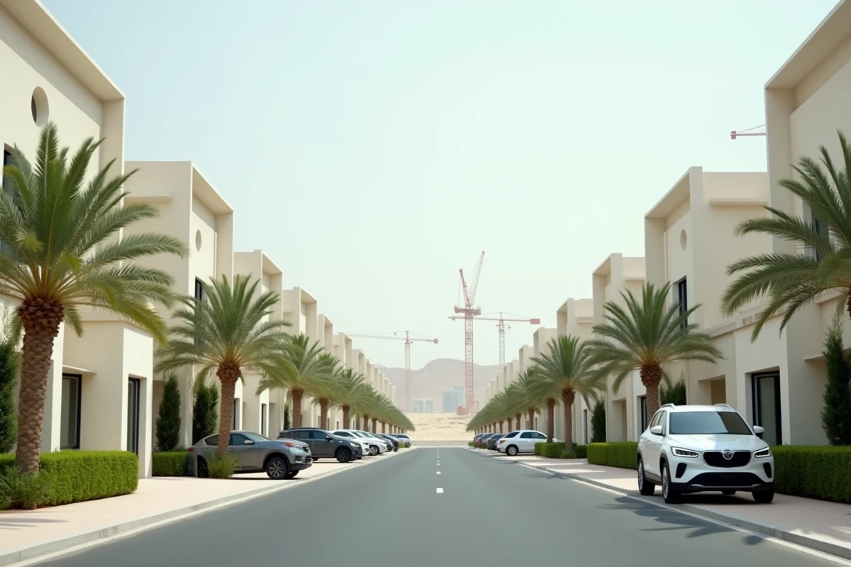 Quartier résidentiel moderne à Dubaï avec villas de luxe et palmiers le long d'un boulevard
