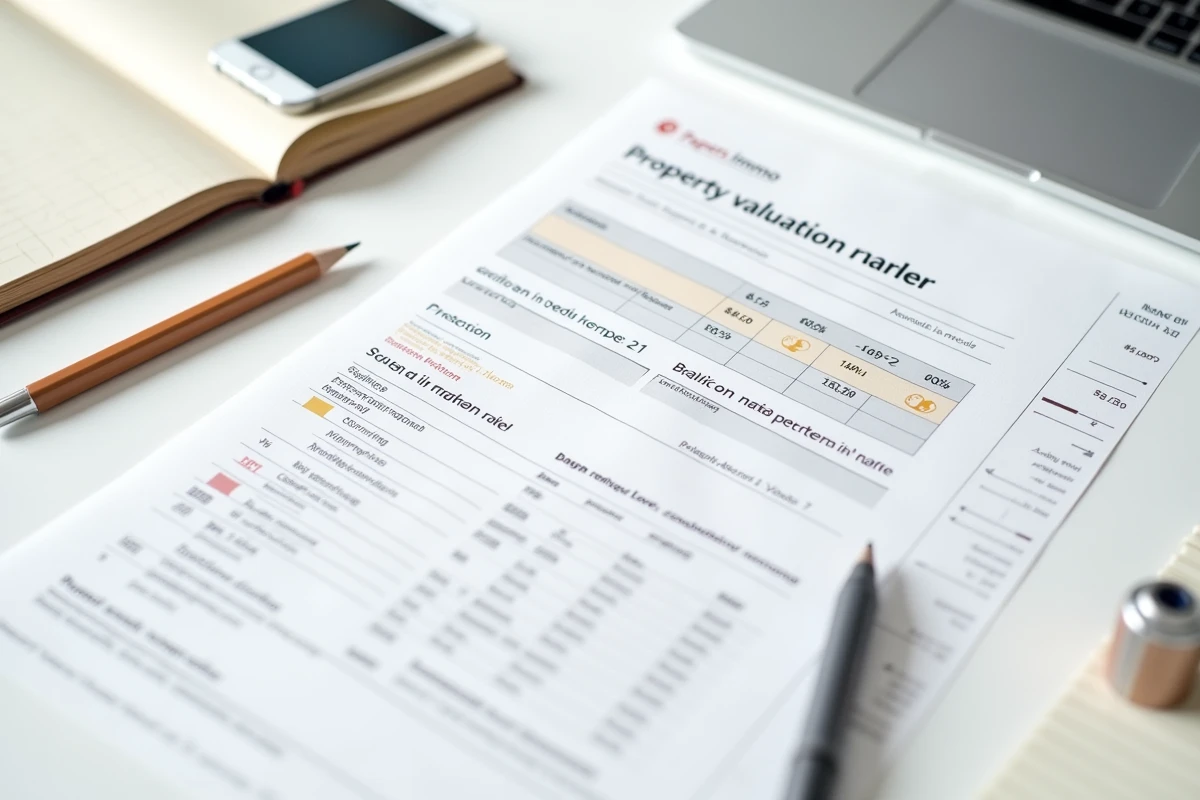 Vue en plongée d'un bureau avec rapport d'estimation immobilière imprimé, smartphone affichant un outil d'évaluation foncière et notes manuscrites