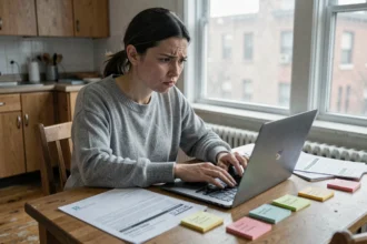 Femme stressée recherchant un appartement en urgence sur son ordinateur portable entouré d'annonces immobilières imprimées