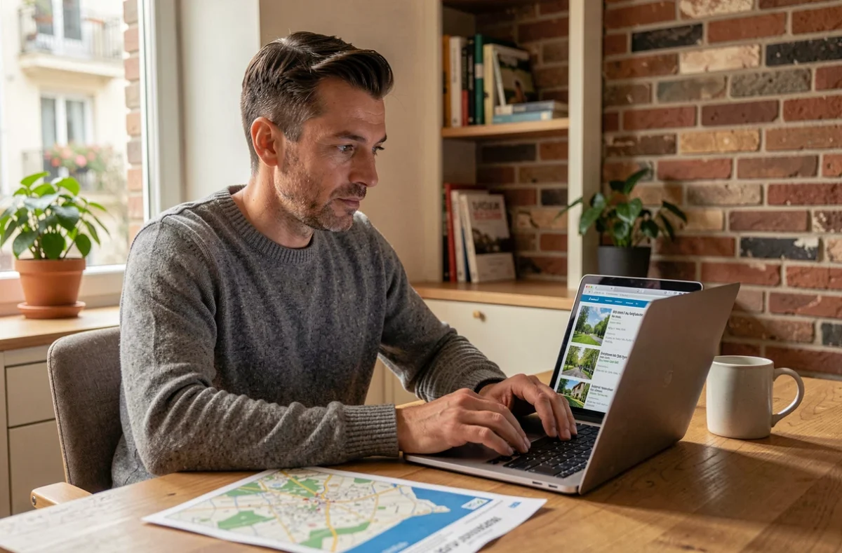 Homme recherchant des biens immobiliers en ligne dans la région lyonnaise depuis son bureau
