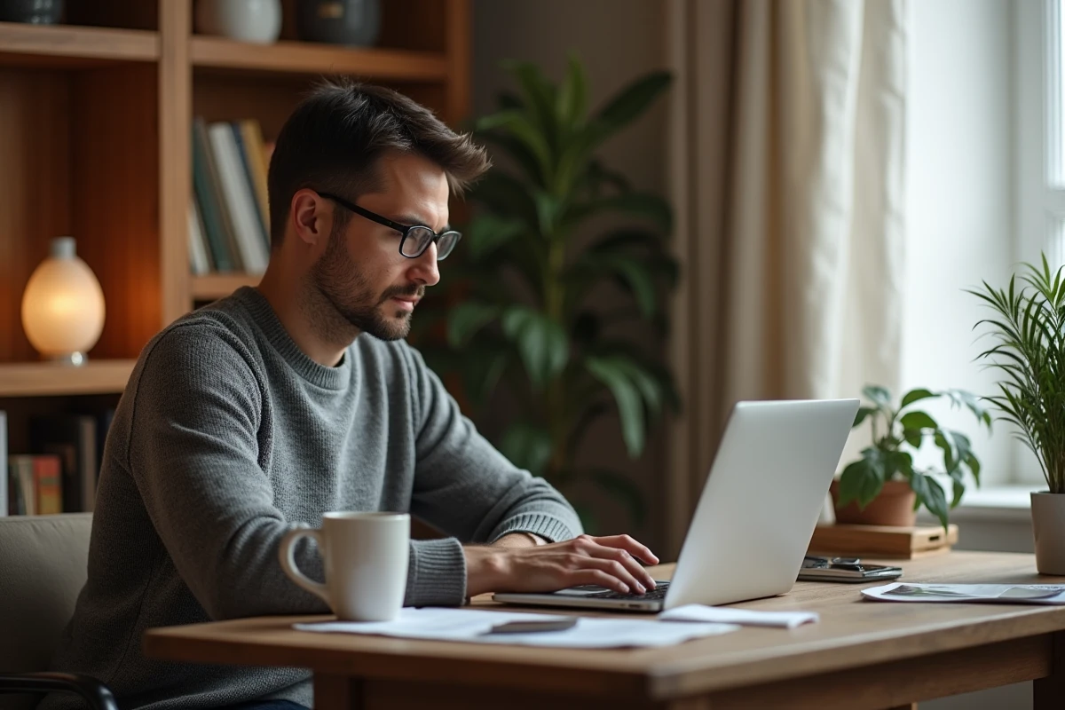 Homme recherchant des biens immobiliers sur un ordinateur portable dans un bureau à domicile