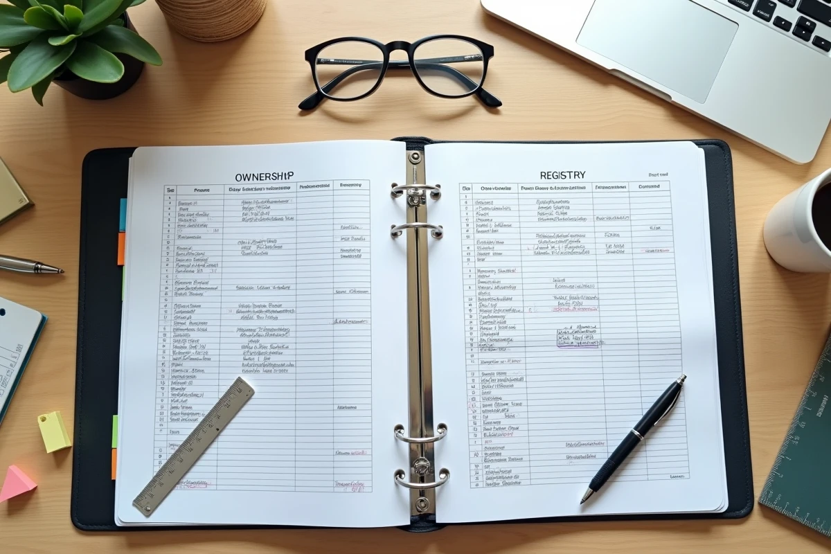 Vue de dessus d'un registre de coproprietaires ouvert avec documents et stylo sur un bureau en bois