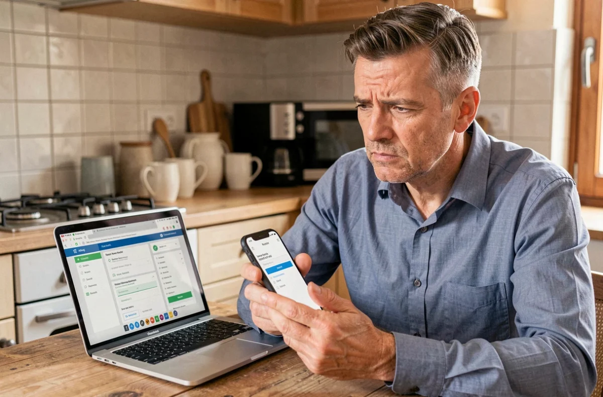 Homme consultant son smartphone pour réinitialiser le mot de passe de son espace copropriétaire MyFoncia dans une cuisine moderne