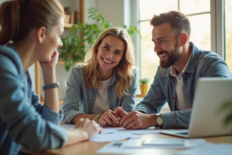 Jeune couple rencontrant un conseiller financier dans un bureau lumineux