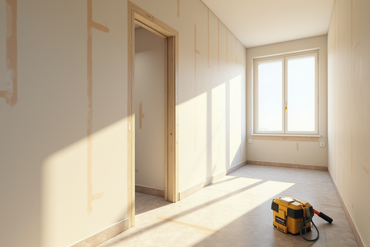 Mur en plâtre renforcé avec du ruban dans un couloir en rénovation