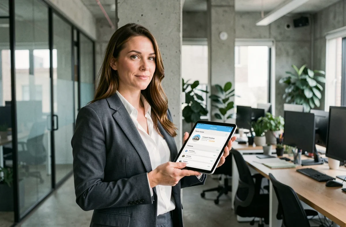 Femme en tenue professionnelle consultant un tableau de bord de gestion de copropriété sur tablette dans un espace de coworking urbain