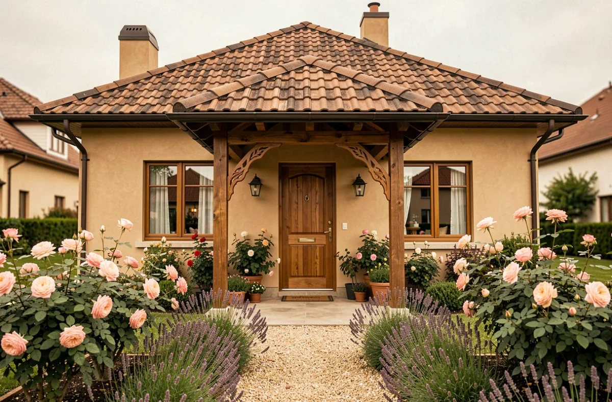 Maison individuelle confortable avec porche en bois construite par Saciel Habitat en Eure-et-Loir