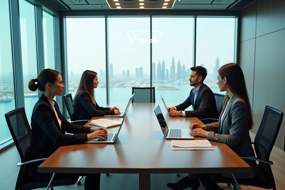 Réunion d'affaires dans une salle de conférence vitrée d'un immeuble de bureaux premium à Dubai avec vue sur les lacs