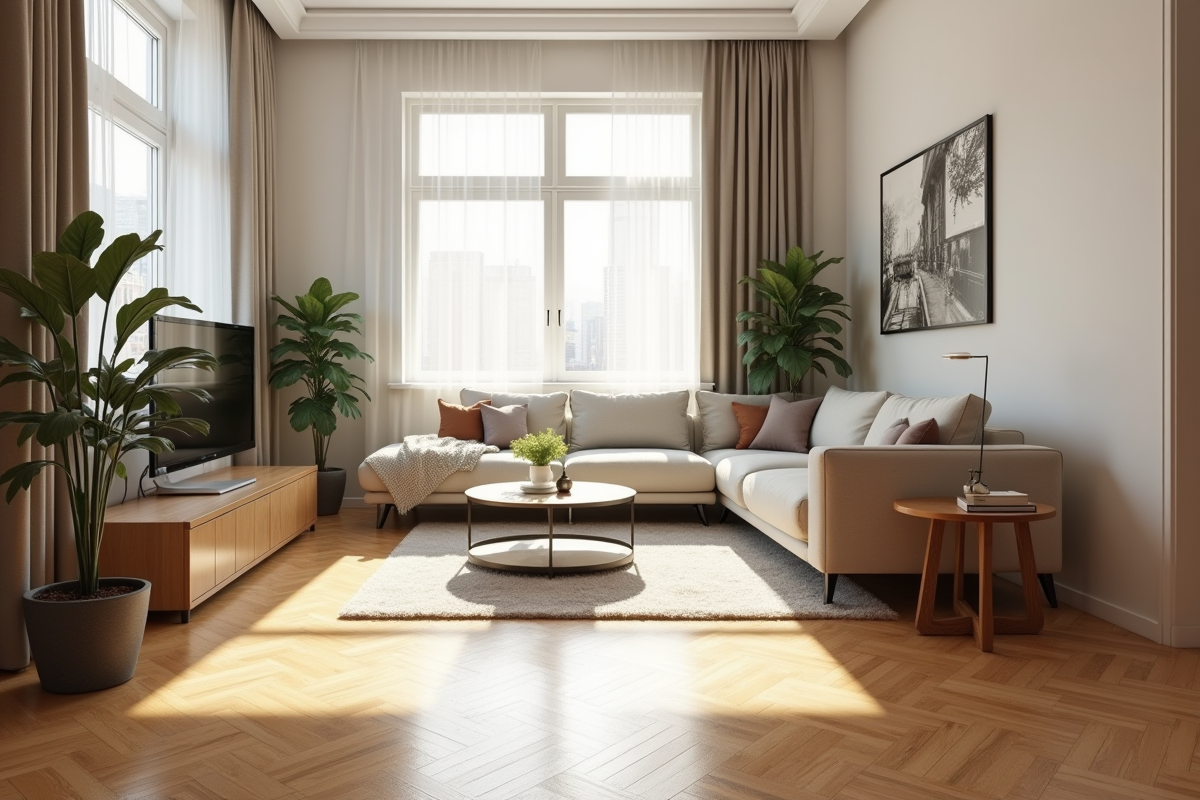 Salon lumineux avec signes d'usure discrète et décoration moderne