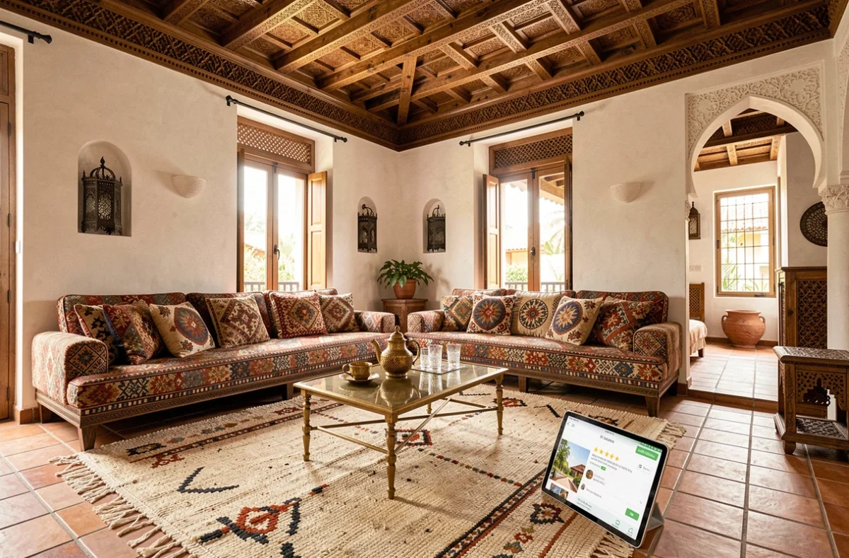 Salon d'une maison en location saisonnière à Marrakech avec décoration marocaine traditionnelle et plateforme de réservation affichée sur tablette