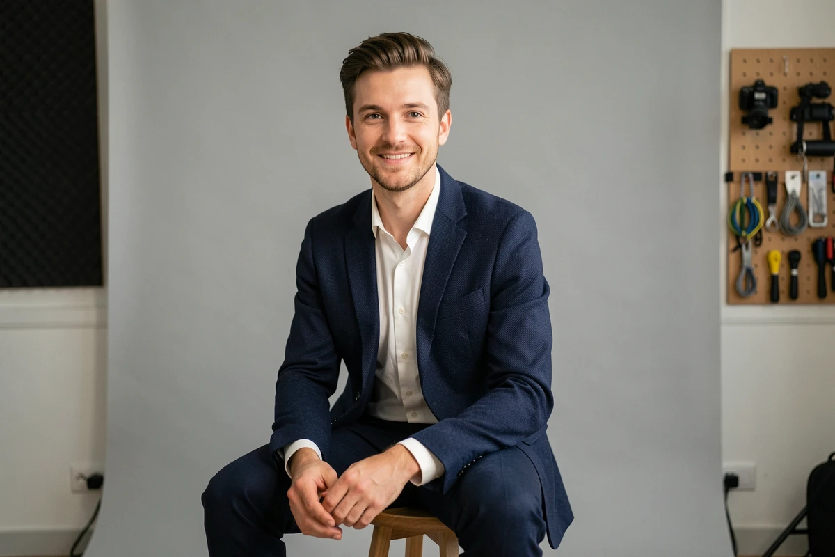 Séance photo en studio avec fond gris sans couture à La Roche sur Yon, modèle masculin en blazer marine