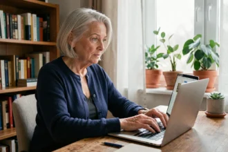 Femme senior aux cheveux argentés consultant le portail habitatparticipatif.net sur un ordinateur portable dans un bureau chaleureux à domicile