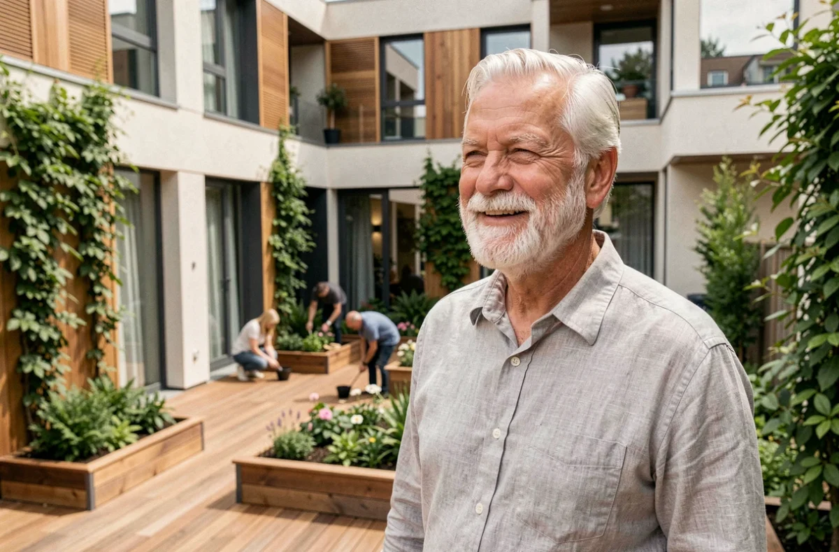 Homme senior sur la terrasse d'une résidence d'habitat participatif moderne contemplant le jardin partagé en copropriété intergénérationnelle