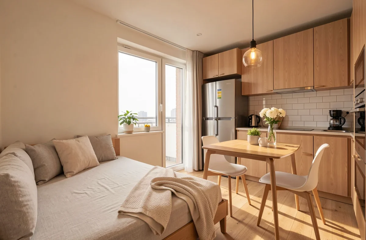 Studio meublé avec canapé-lit, table et coin cuisine