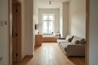 Intérieur d'un studio T1 compact avec coin cuisine intégré, canapé-lit et bureau dans un espace ouvert aux tons neutres