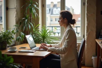 Femme en télétravail dans un appartement haussmannien à Saint-Germain-en-Laye avec vue sur les toits