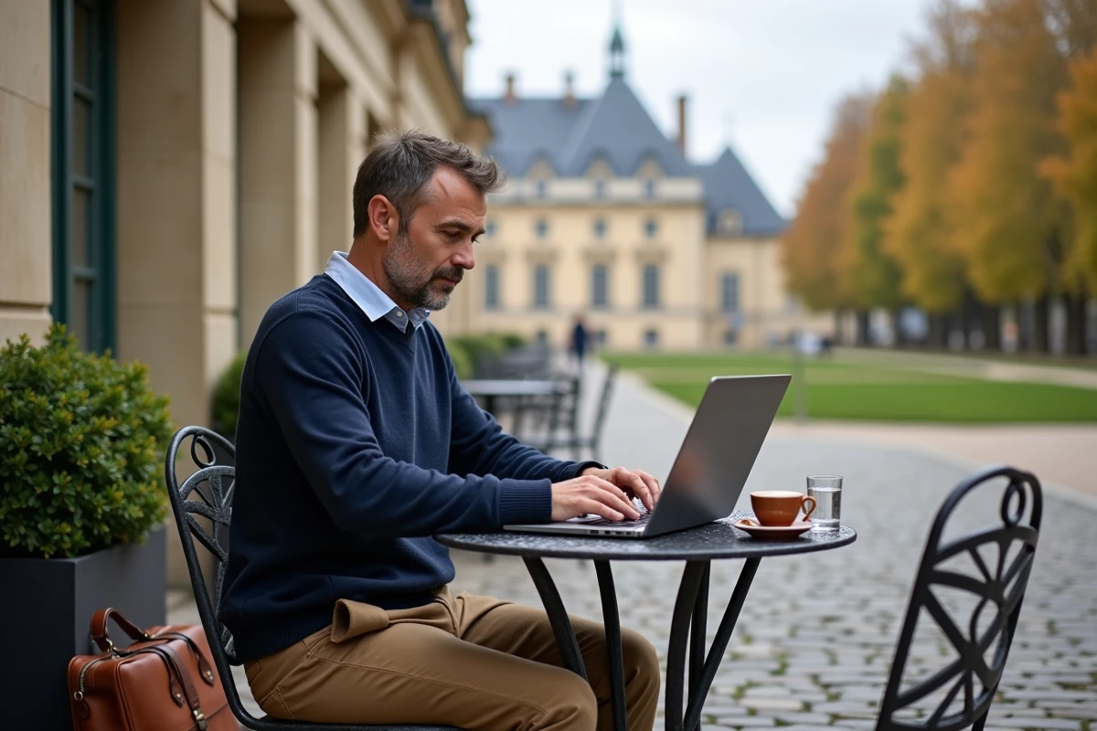 Homme en télétravail en terrasse de café face au château de Saint-Germain-en-Laye