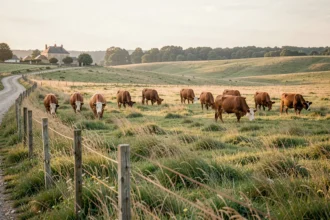Troupeau de bovins Limousin en élevage extensif sur un grand terrain agricole loué en zone rurale française