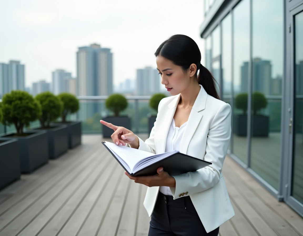 Femme en blazer blanc consultant un règlement de copropriété sur une terrasse en bois composite avec vue urbaine