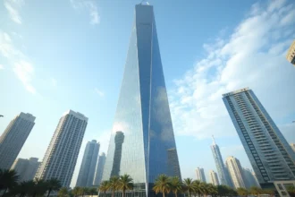 Vue extérieure de la tour Almas à Dubai dans le quartier de Jumeirah Lake Towers, photographiée depuis la rue