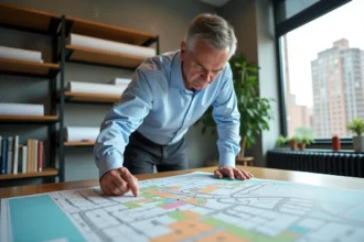 Urbaniste analysant une carte de zonage dans un bureau d'aménagement urbain