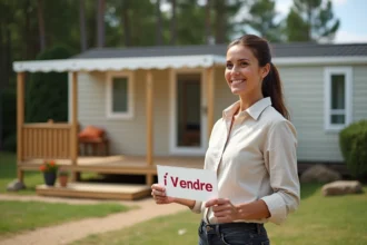 Femme devant son mobil home avec panneau à vendre dans un camping bien entretenu