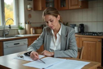 Femme tenant des documents immobiliers et une clé de maison lors d'une vente express dans le cadre d'un divorce
