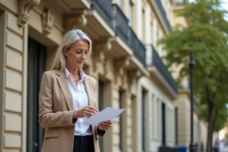 Femme investisseur devant un immeuble haussmannien parisien examinant des documents liés au viager libre en Île-de-France