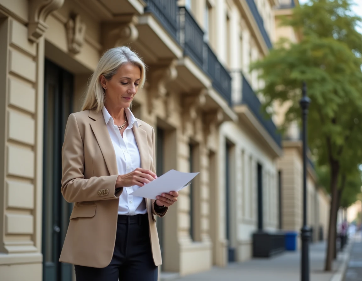 Femme investisseur devant un immeuble haussmannien parisien examinant des documents liés au viager libre en Île-de-France