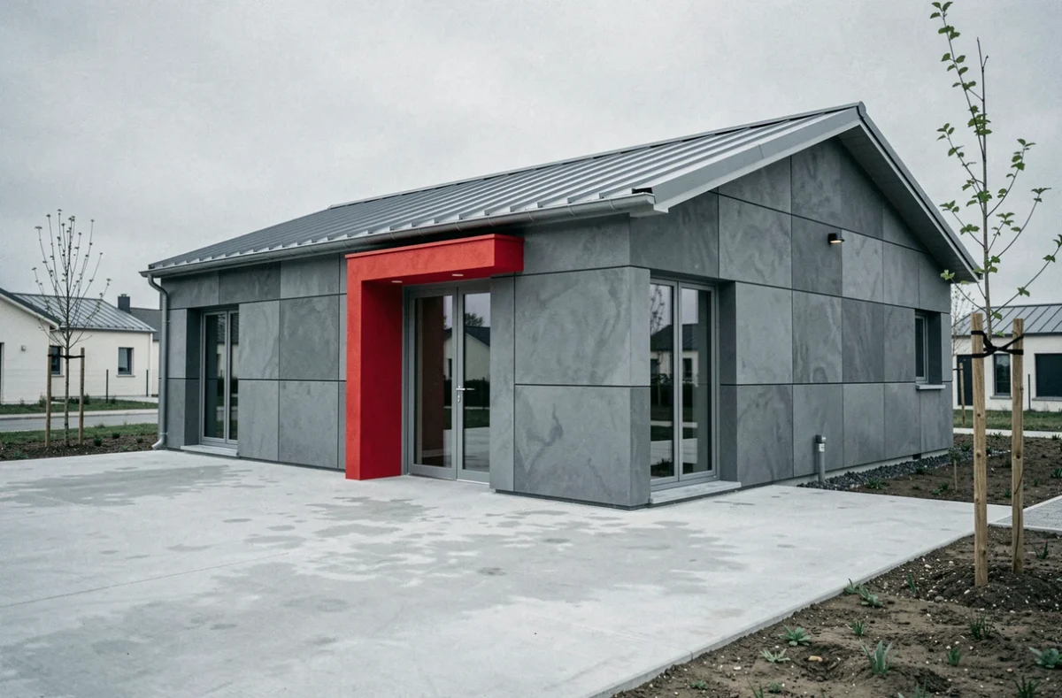 Maison contemporaine Villacrea avec façade en panneaux fibrociment et auvent rouge dans un lotissement de Reims