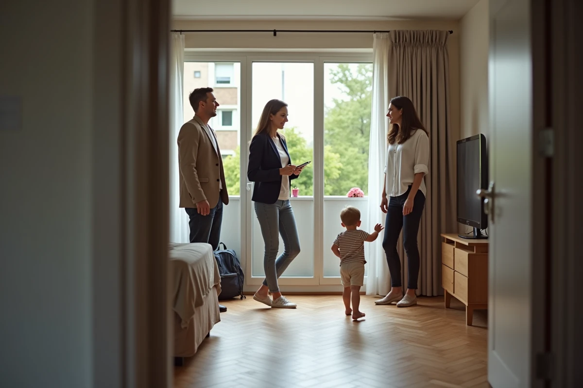 Agent immobilier présentant un appartement familial spacieux à louer dans le Bas-Rhin à un couple avec enfant