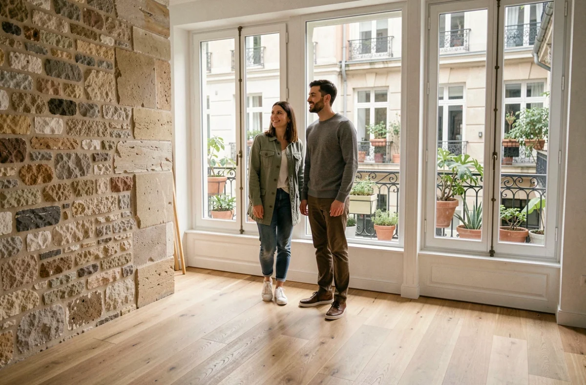 Couple visitant un appartement rénové avec mur en pierre apparente dans un quartier lyonnais en développement