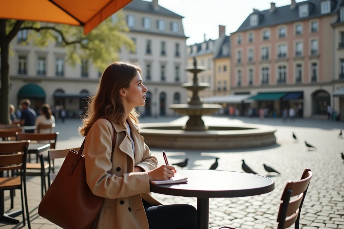 Femme prenant des notes en terrasse de café lors de la visite d'un quartier de Metz