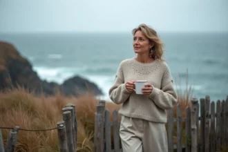 Femme vivant à l'année dans une maison face à la mer, tenant un mug sur une terrasse en bois avec vue sur l'océan en automne
