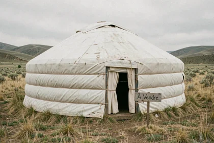 Yourte traditionnelle à vendre dans un champ avec panneau 'À Vendre' planté dans l'herbe sèche à la campagne